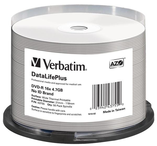 VERBATIM DVD-R(50-Pack)/Spindle/16X/4.7GB/DataLife Plus Wide Thermal Professional No ID Brand (43755)