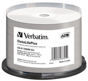 VERBATIM CD-R(50-pack) spindl, AZO 52X,700MB,WHITE WIDE PRINTABLE SURFACE NON-ID (43745)