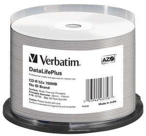 VERBATIM CD-R(50-pack) spindl, AZO 52X,700MB,WHITE WIDE THERMAL PRINTABLE SURFACE NON-ID (43756)