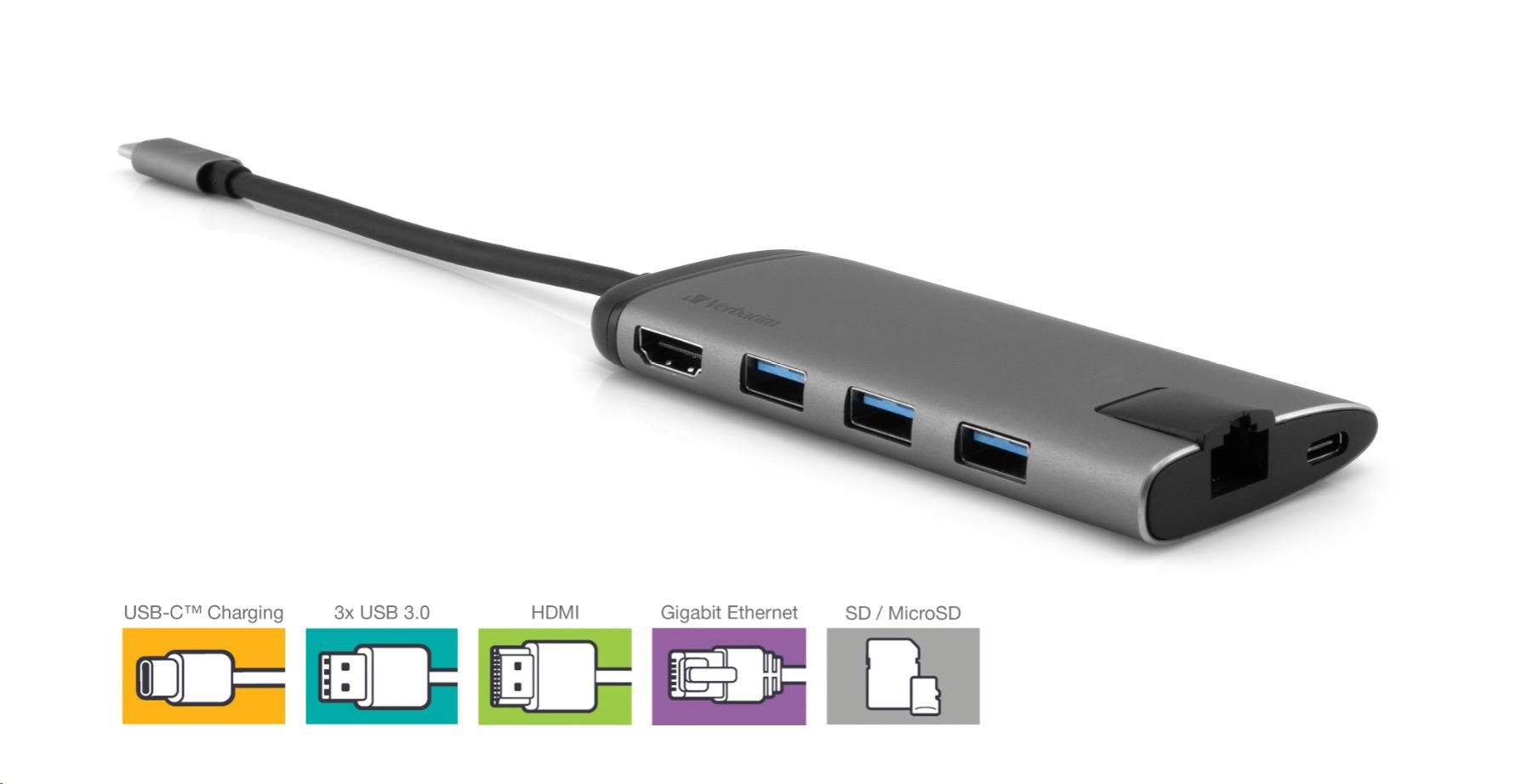 VERBATIM 49142 USB-C Multiport HUB, 3x USB 3.0, 1x USB-C, HDMI, LAN, SD, microSD, šedá dokovací stanice