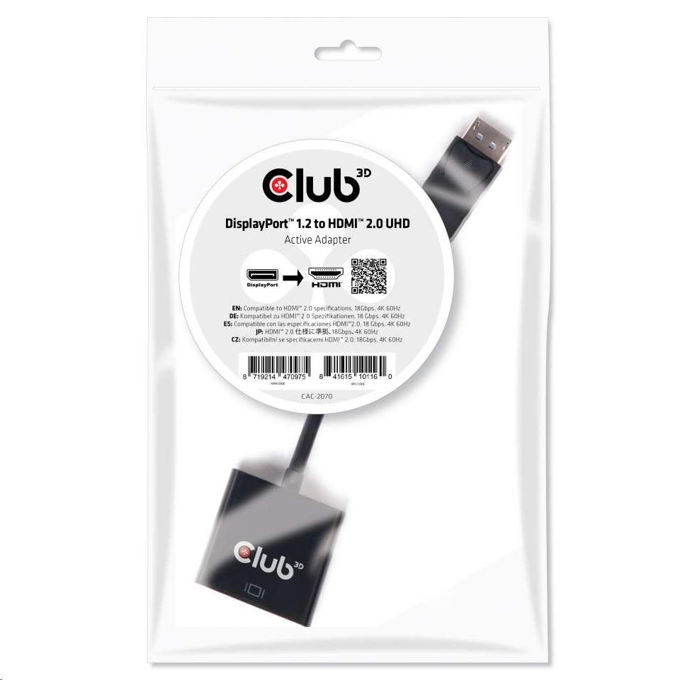 Club3D Adaptér aktivní DisplayPort 1.2 na HDMI 2.0 4K60Hz UHD, 20cm CAC-2070