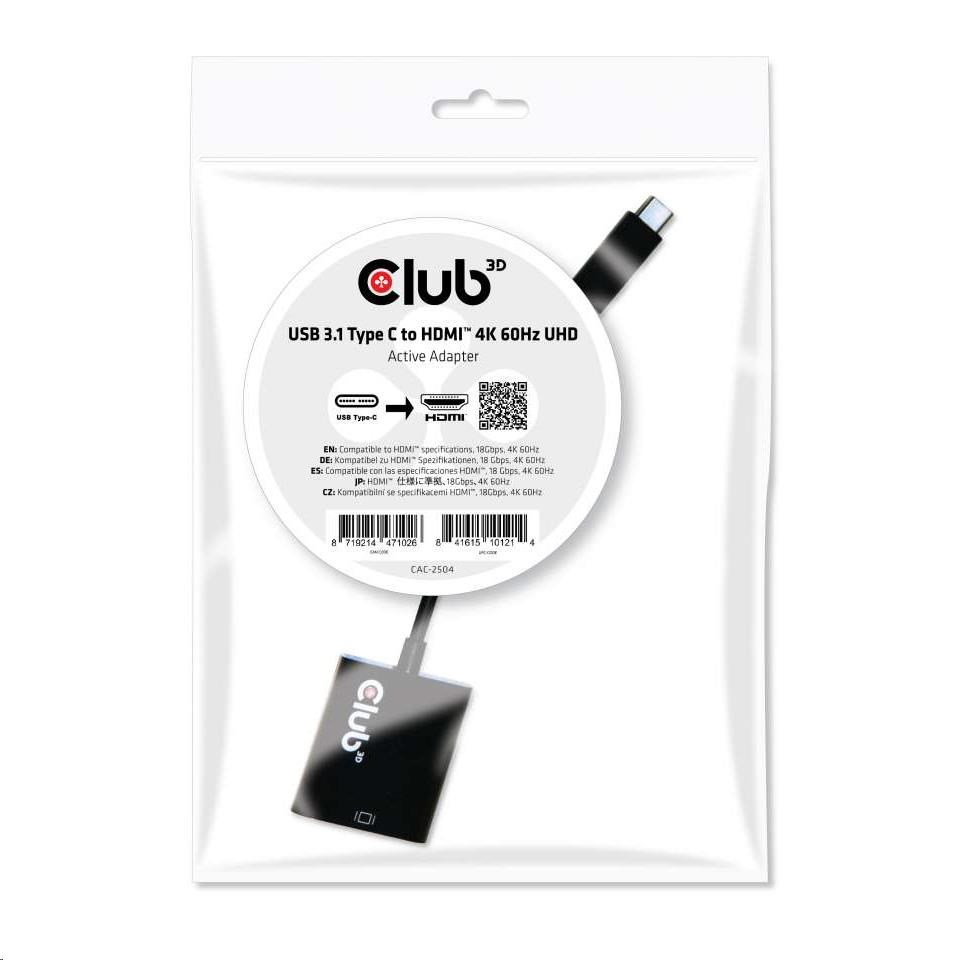 Club3D Adaptér aktivní USB 3.1 typ C na HDMI 2.0 UHD 4K60Hz HDR, 17cm CAC-2504