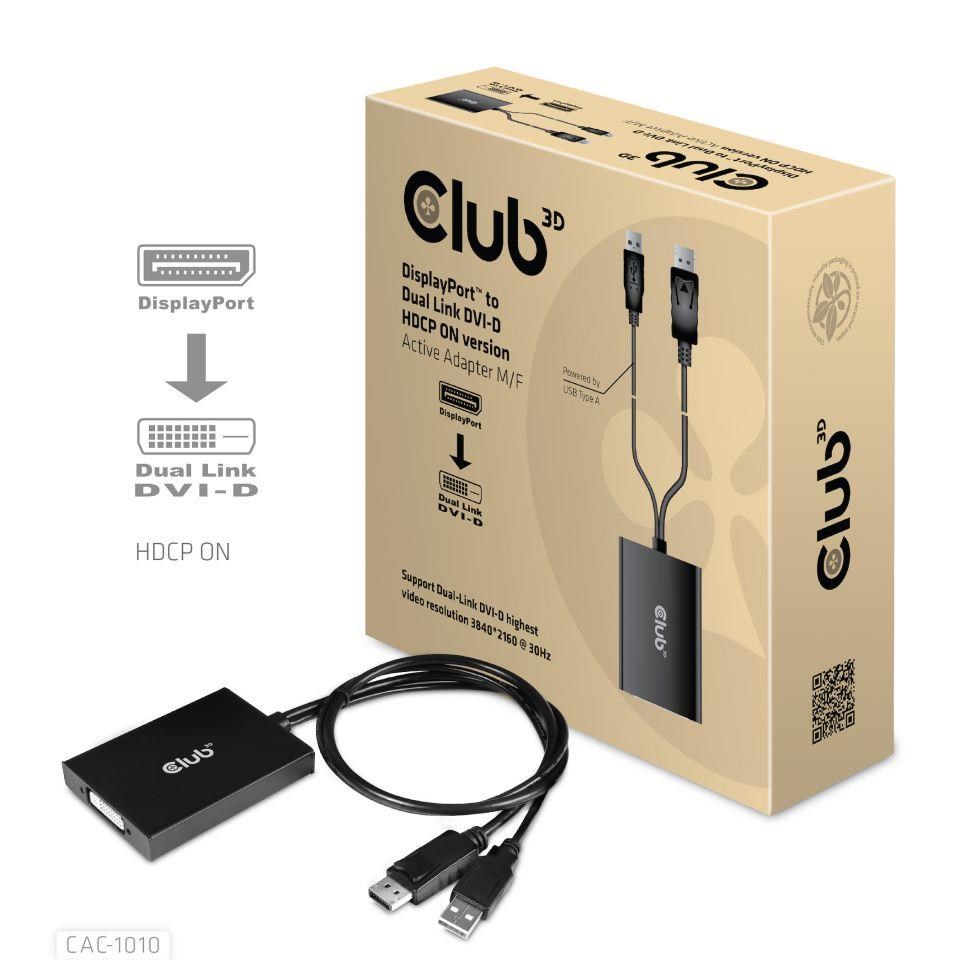 Club3D Adaptér aktivní DisplayPort na Dual Link DVI-D, USB napájení, 60cm, HDCP ON CAC-1010