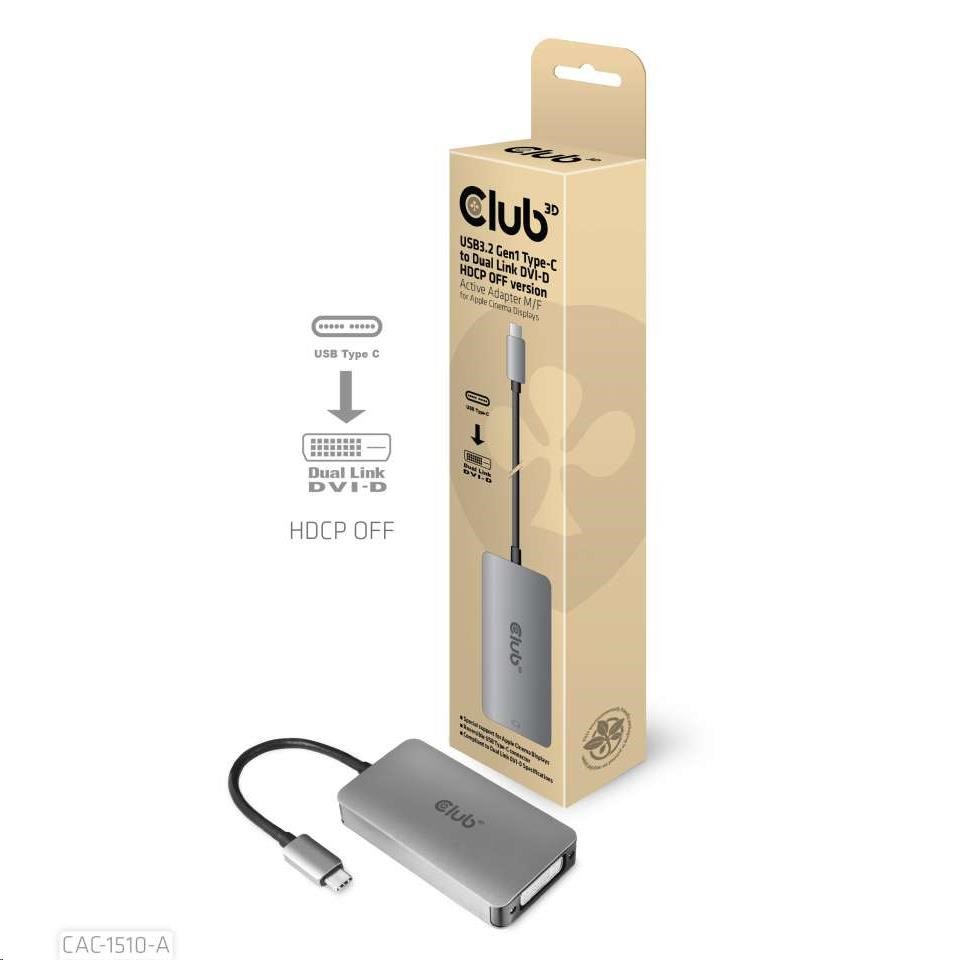 Club3D Adaptér aktivní USB 3.2 typ C na DVI-D Dual Link 4K30Hz pro Apple Cinema Display, HDCP off CAC-1510-A