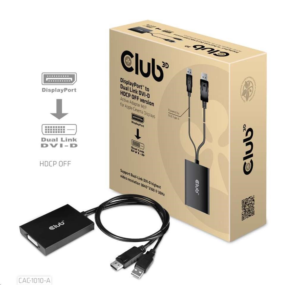 Club3D Adaptér aktivní DisplayPort na Dual Link DVI-D, USB napájení, 60cm, HDCP off, pro Apple Cinema displeje CAC-1010-A