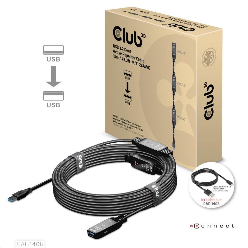 Club 3D CAC-1406 USB 3.2 Gen1 Active Repeater Cable M/F 28AWG, 15m