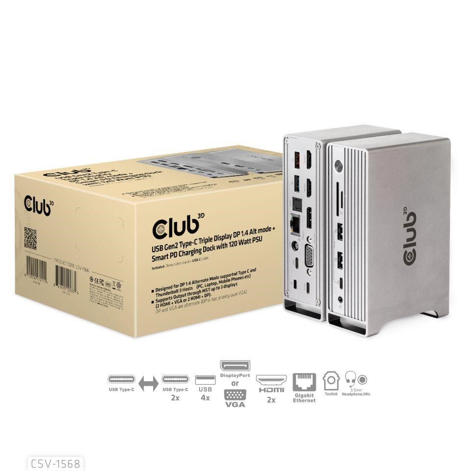 Club3D Dokovací stanice USB-C, Triple Display DP 1.4 Alt mode Displaylink Dynamic PD Charging Dock with 120 Watt PS CSV-1568