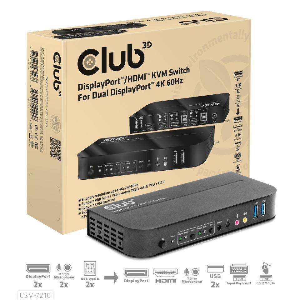 Club3D síťový přepínač - Switch, DP/HDMI KVM Switch - Dual DP 4K 60Hz CSV-7210