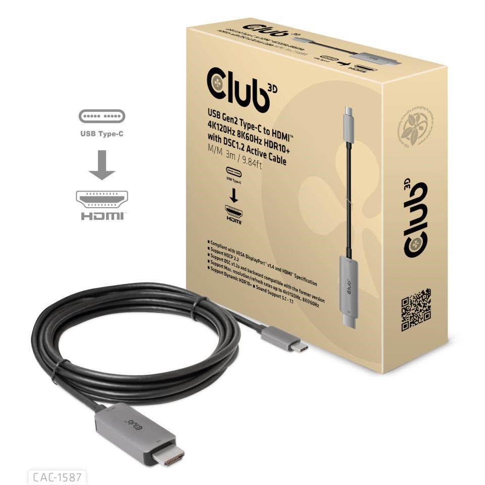 Club3D kabel USB-C na HDMI, 4K120Hz 8K60Hz HDR10 s DSC1.2, Aktivní kabel, M/M, 3m CAC-1587