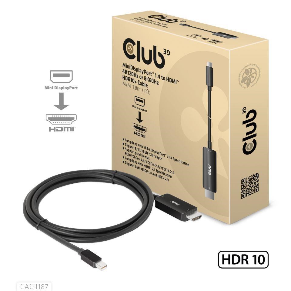 Club3D kabel miniDP 1.4 na HDMI, 4K120Hz nebo 8K60Hz HDR10+, M/M, 1.8m CAC-1187