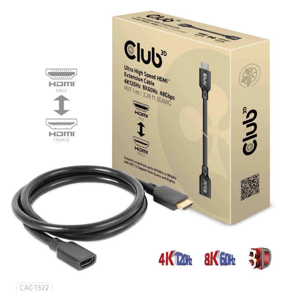 Club3D prodlužovací Ultra rychlý HDMI kabel, 4K120Hz, 8K60Hz, 48Gbps, M/F, 1m, 30 AWG CAC-1322