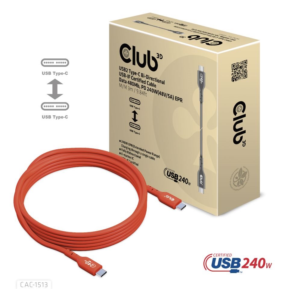 Club3D CAC-1513 USB2 Type-C Bi-Directional USB-IF Certifikovaný 480Mb, PD 240W48V/5A EPR M/M, 3m