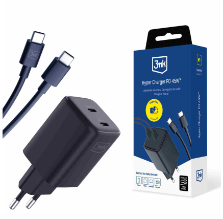 3mk Hyper Charger PD 45W+USB Cable C to C Black