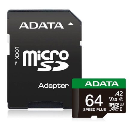 ADATA MicroSDXC karta 64GB Speed Plus, U3, C10, A2, V30 (R:160/W:140 MB/s) + SD adaptér