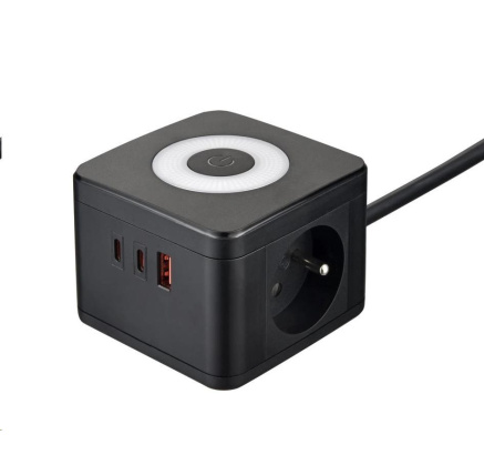 Viking síťový adaptér YC23L, 2x 230 V, 1x USB-A, 2x USB-C, dotykové světlo, délka 1,4 m, černá