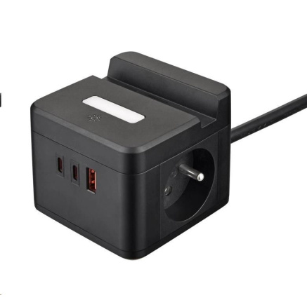 Viking síťový adaptér YC23H, 2x 230 V, 1x USB-A, 2x USB-C, dotykové světlo, funkce stojánku, černá