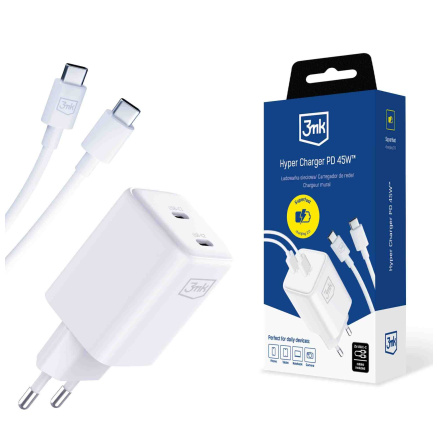 3mk Hyper Charger PD 45W+USB Cable C to C White