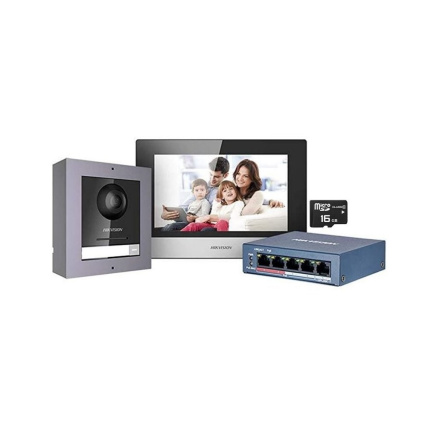 HIKVISION DS-KIS602 kit IP videotelefonu, bytový monitor + dveřní stanice + switch + microSD