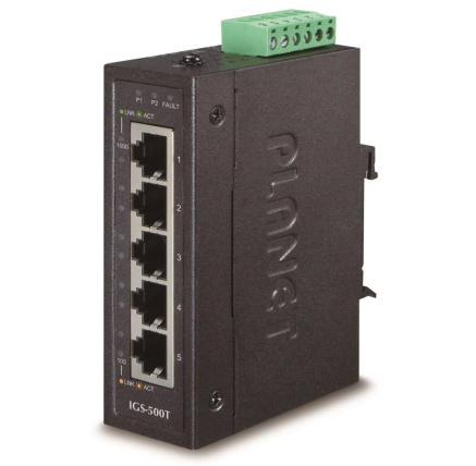 Planet switch IGS-500T, průmysl.verze 5x10/100/1000, DIN, IP30, -40 až 75°C, 12-48V, ESD+EFT