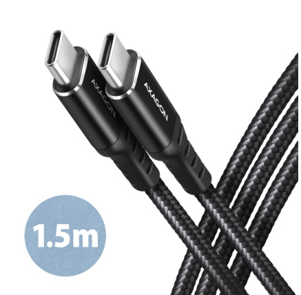 AXAGON BUCM-CM15AB, HQ kabel USB-C <-> USB-C, 1.5m, USB 2.0, PD 60W 3A, ALU, oplet, černý