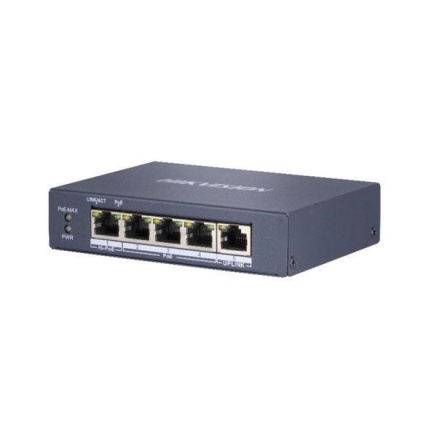 HIKVISION DS-3E0505HP-E, full Gb switch 4x PoE (1x HI-PoE), 1x uplink RJ-45, 60W, dosah až 300m