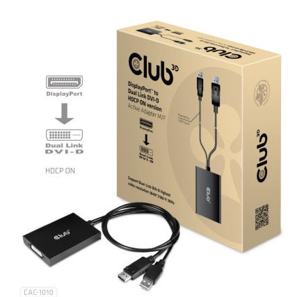 Club3D Adaptér aktivní DisplayPort na Dual Link DVI-D, USB napájení, 60cm, HDCP ON