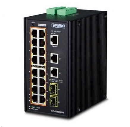 Planet IGS-20160HPT, 18x 1000BASE-T, 16x PoE 320W, 2x SFP, DIN, IP30, -40 AŽ 75°C, WEB/SNMPV3