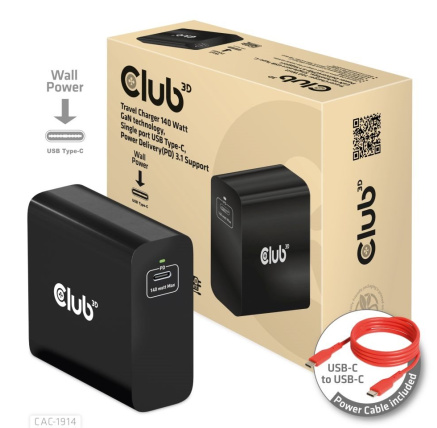 Club3D cestovní nabíječka USB-C 140W GaN Technologie, 1xUSB-C, podpora PD 3.1